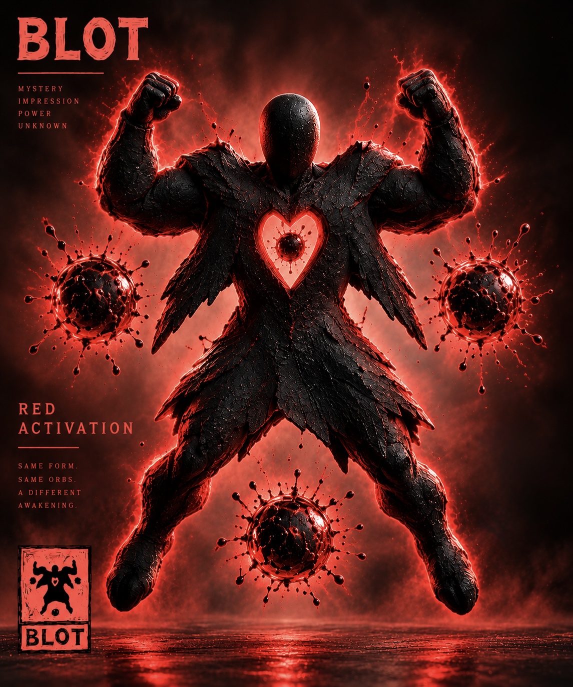 BLOT in red activation, red energy illuminating his silhouette, heart and orbs