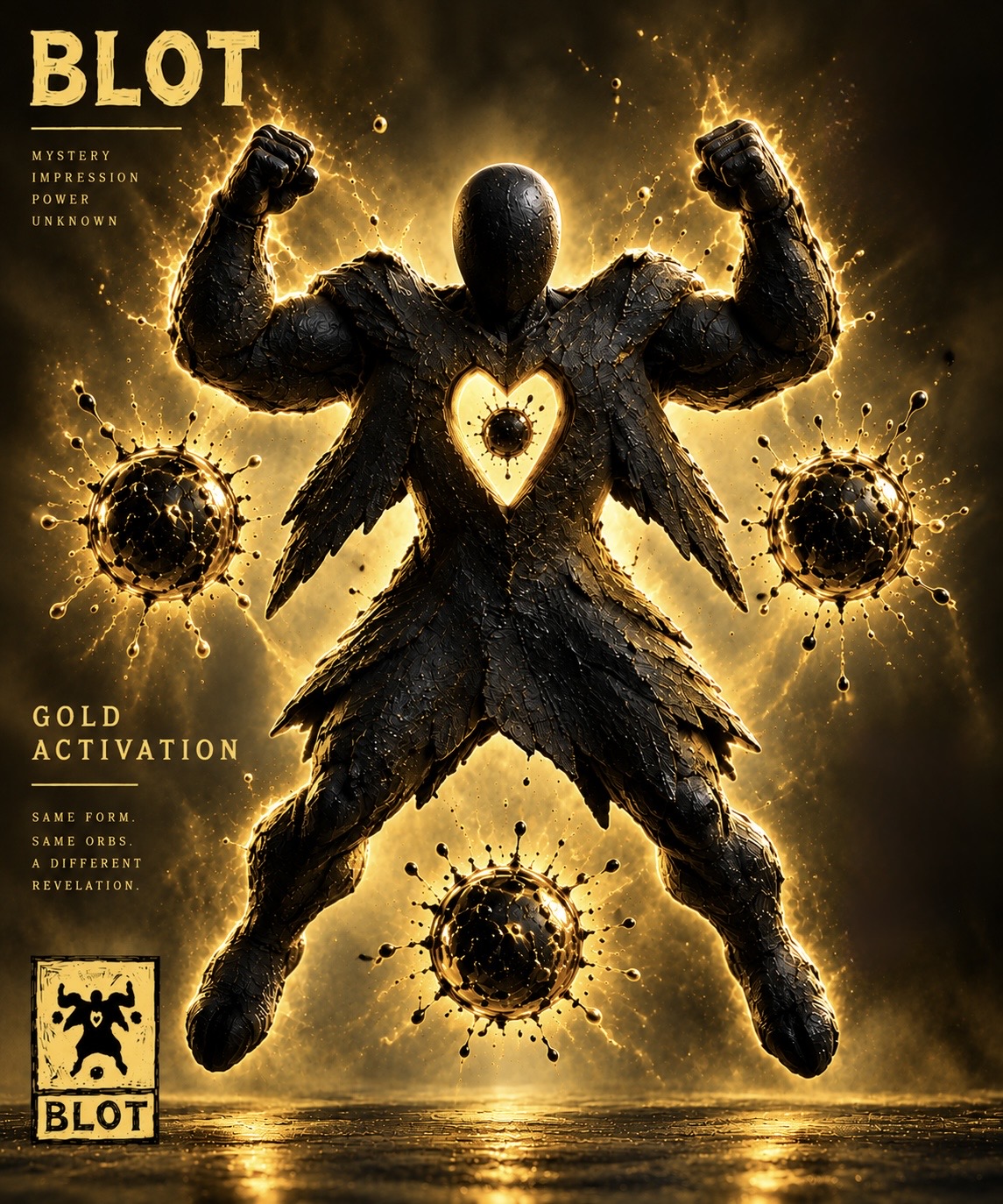 BLOT in gold activation, gold illumination around his silhouette, heart and orbs