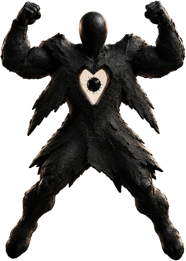 BLOT: a faceless matte-black humanoid figure with a heart-shaped opening in his chest, three larger orbs outside him