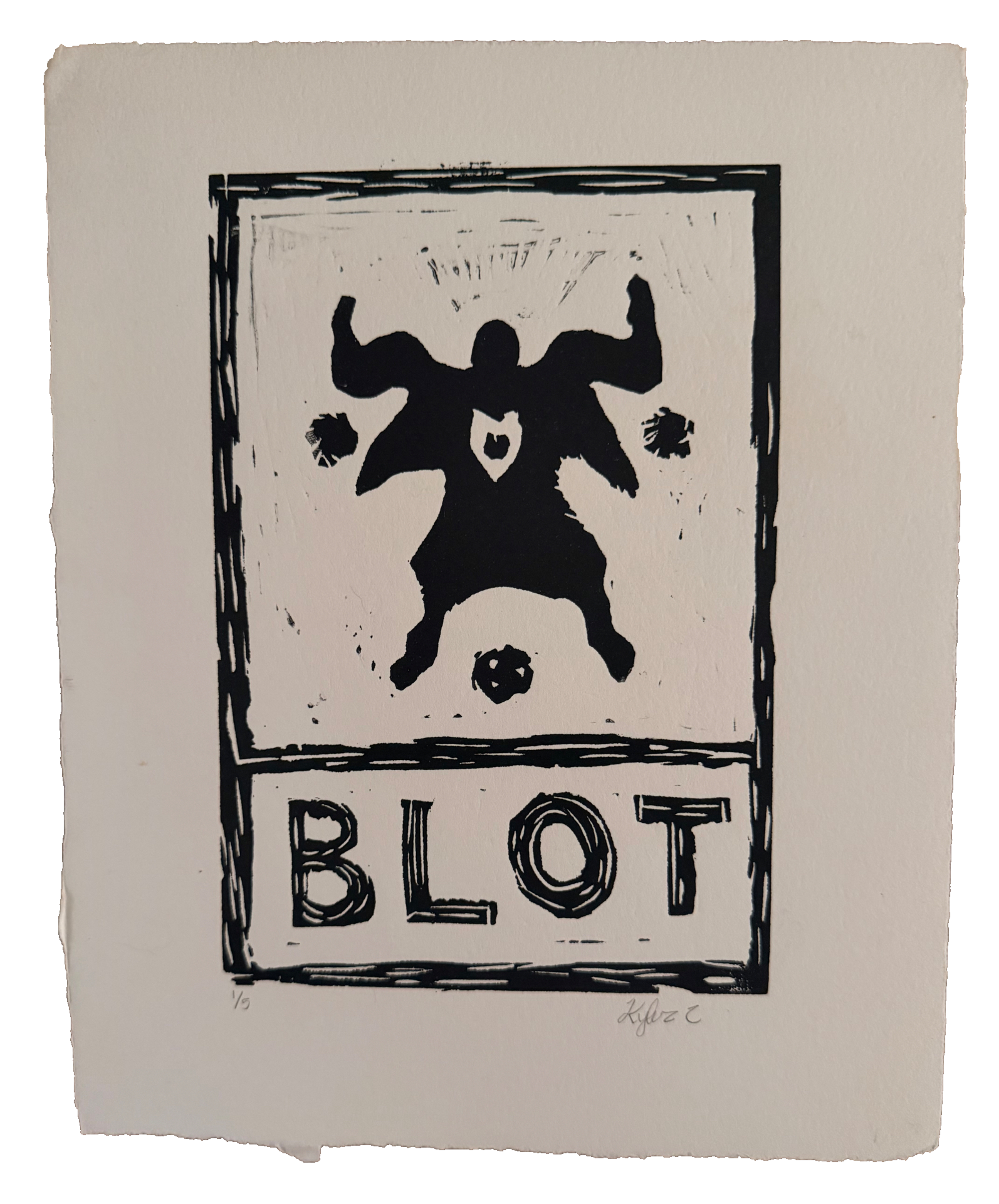 Kyler's signed and numbered black linocut impression of BLOT
