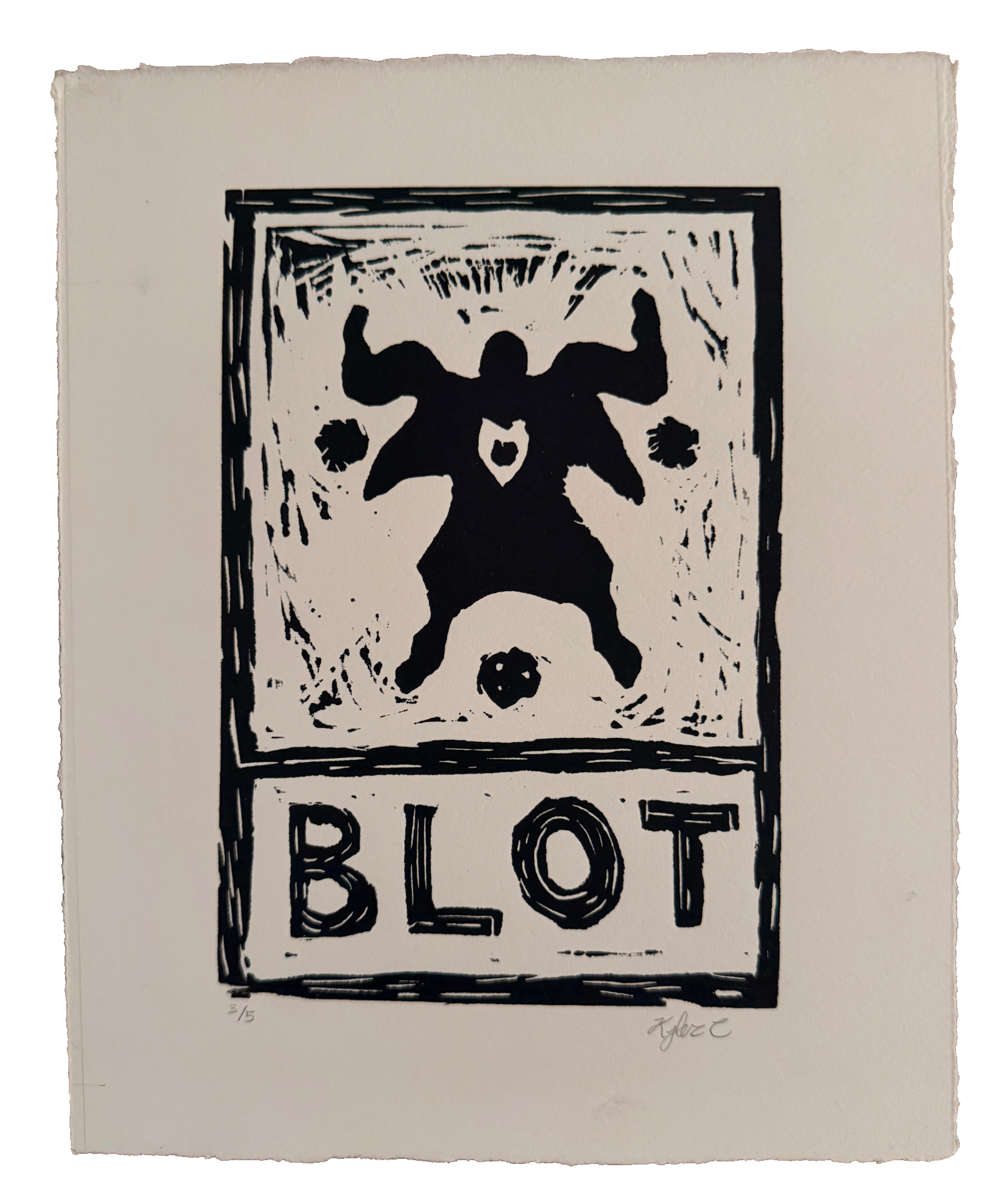 The original handmade BLOT linocut print in black ink on paper