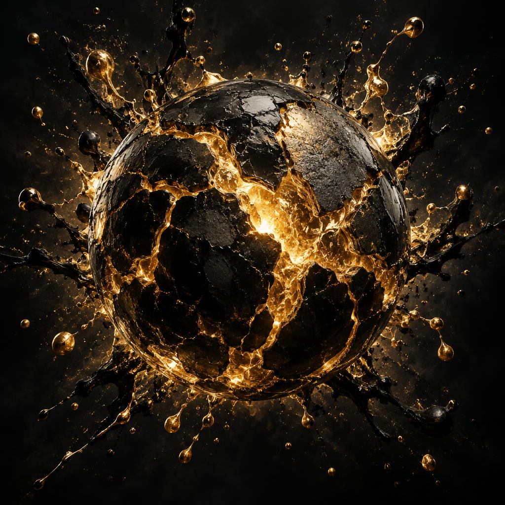 Black orb cracked open with gold activation energy and ink splatters