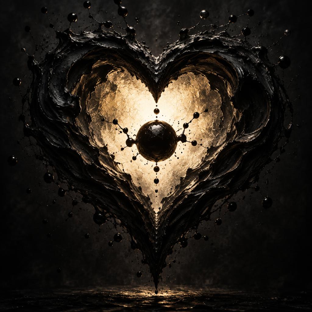 Heart-shaped opening formed from living black ink with a smaller inner orb