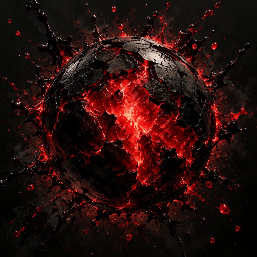Black orb cracked open with red activation energy and ink splatters
