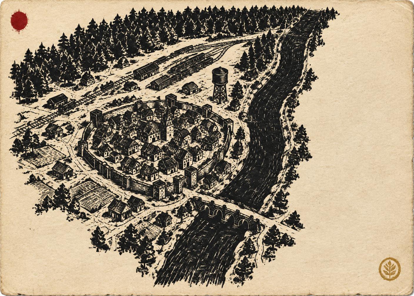 Hand-carved linocut map of a small walled town by a dark river, rail yard and water tower at its edges, blank paper beyond the surveyed land