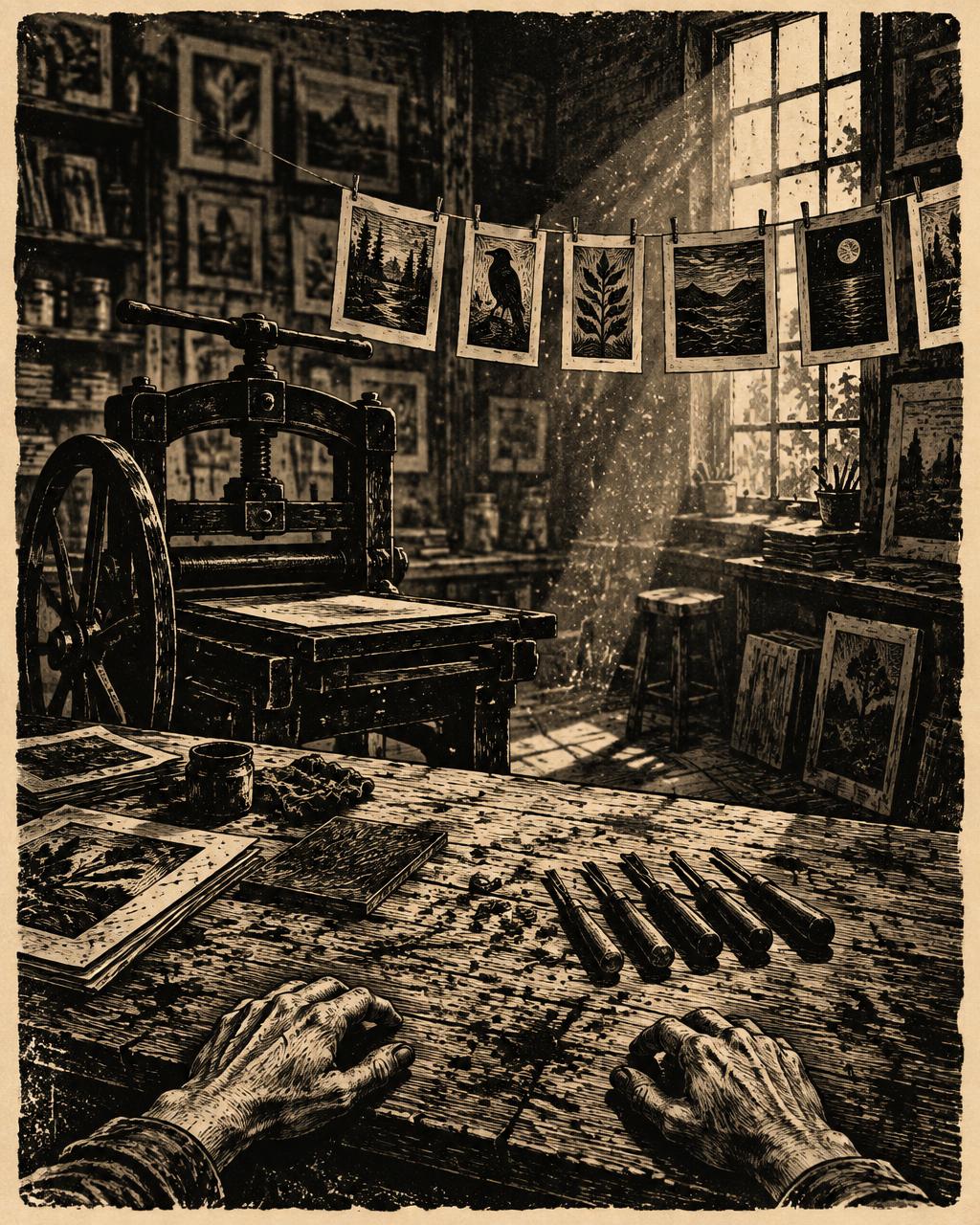 Hand-carved linocut of a worn printmaking studio: an old press, a long ink-stained worktable, carving tools in a row, prints on a drying line, one tall window